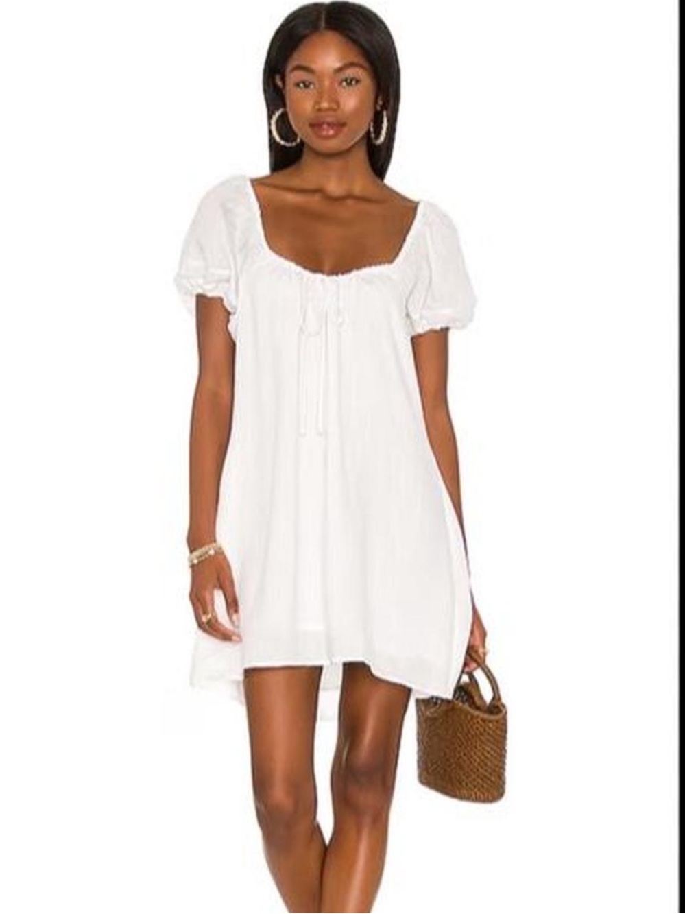 Camila Coelho White Puff Sleeve Square Neck Mini Dress